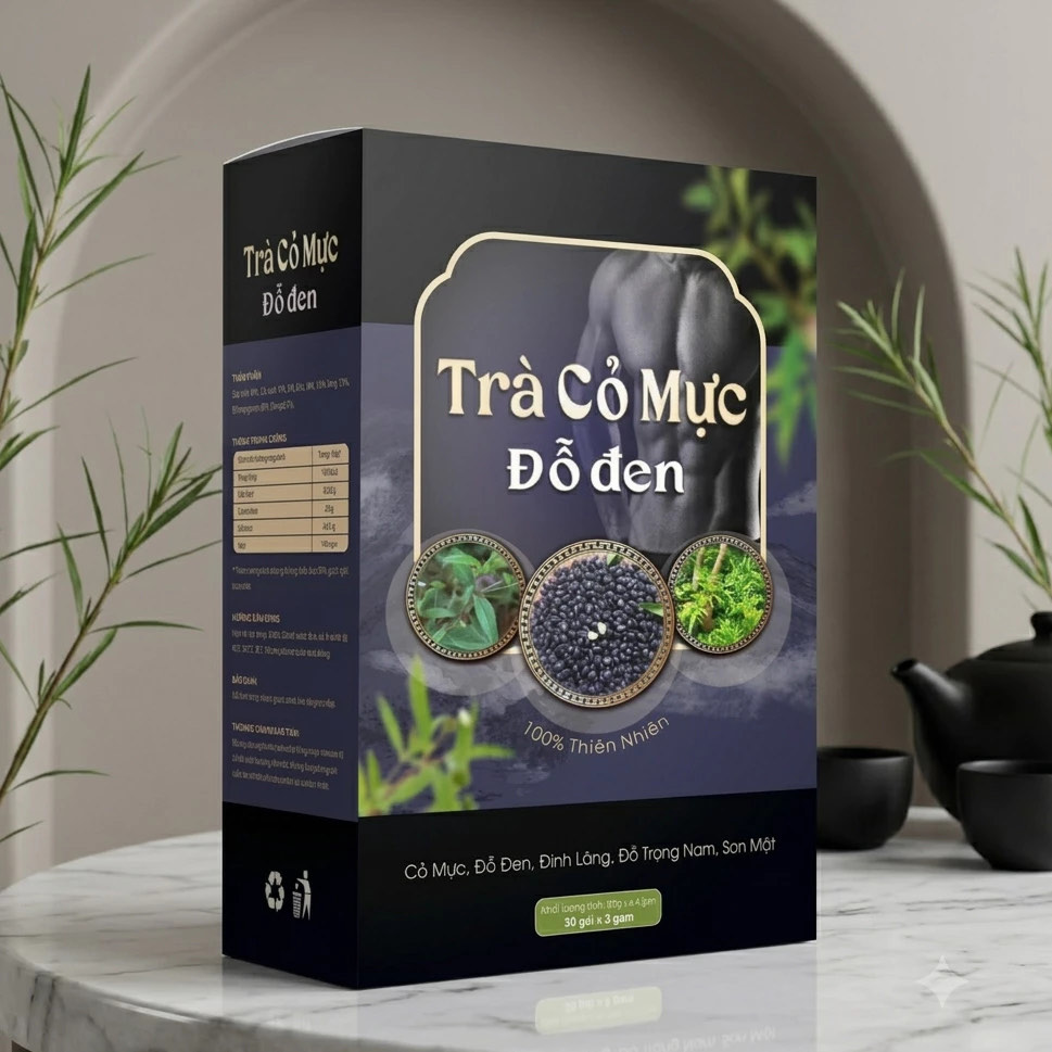 Hộp Trà Cỏ Mực Đỗ Đen Mộc Tâm 30 gói x 3 gam đặt cạnh bộ ấm trà gốm đen